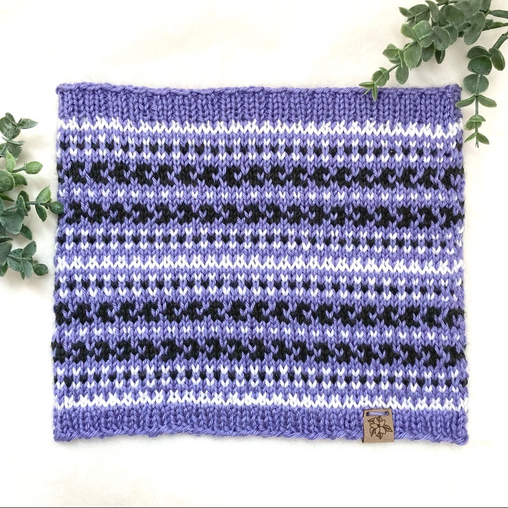 Handcrafted Cowl Scarf purple charcoal gray white wrap handmade knitted
